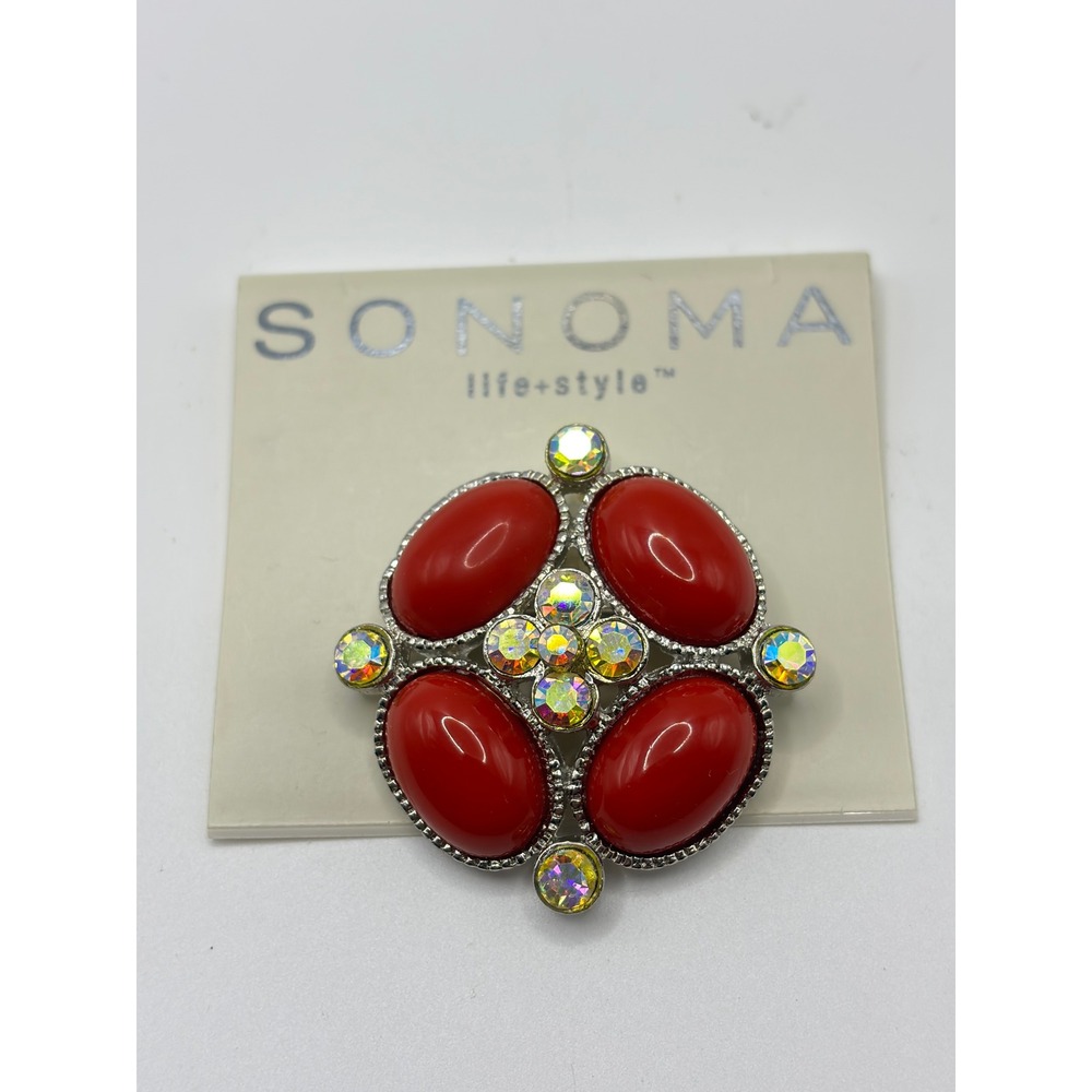 Sonoma Brooch Pin Womens OS Red Silver Tone Aurora Borealis Cabochon Rhinestone